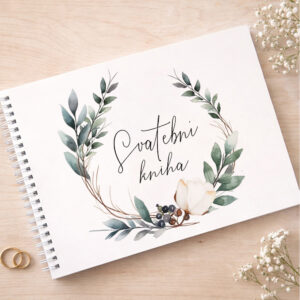 Svatební kniha hostů s botanickým věncem z eukalyptu a květu magnolie