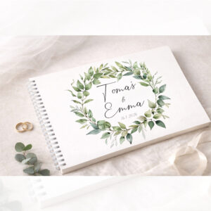 Personalizovaná svatební kniha hostů s botanickým věncem z eukalyptových listů