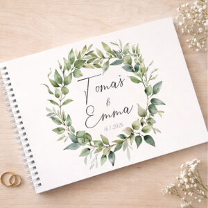 Personalizovaná svatební kniha hostů s botanickým věncem z eukalyptových listů