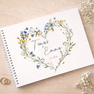 Personalizované svatební album s květinovým srdcem z lučních květů a možností úpravy jmen a data