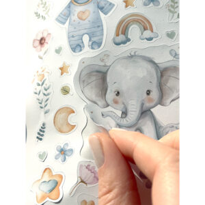 Samolepky do fotoalba pro miminko s motivem slon a jemnými ilustracemi