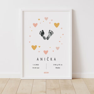 Personalizovaný plakát miminko otisk nožiček jméno datum narození dekorace dětský pokoj