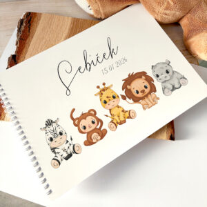Personalizované první album pro miminko se jménem a datem narození, safari zvířátka