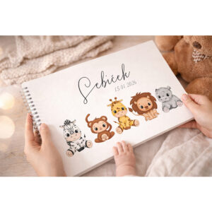 Personalizované první album pro miminko se jménem a datem narození, safari zvířátka